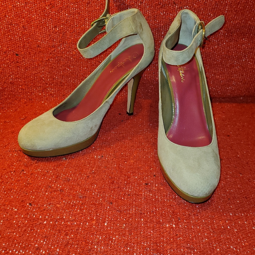 Cole Haan olive ankle strap thick heel pumps
